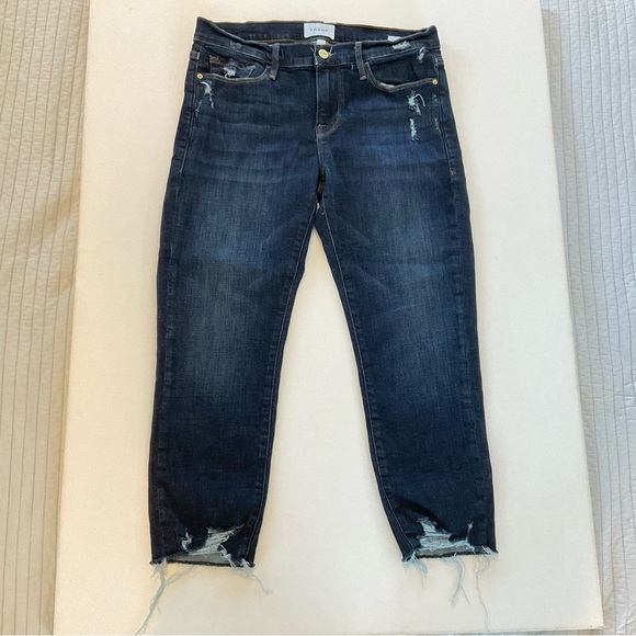 Frame Le Garcon Crop Chewed Hem Jeans Women’s 28 Dark Blue Wash Distress Stretch - Picture 5 of 16